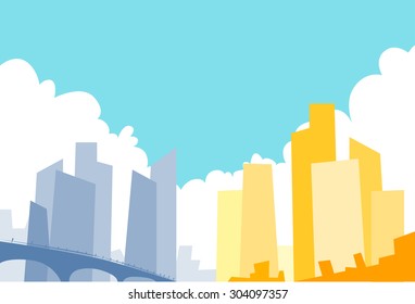 Modern City View Skyscraper Cityscape Background Colorful Flat Vector Illustration