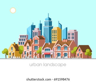 Modern city view. Traditional architecture landscape. Real estate. Flat vector illustration. 3d style.