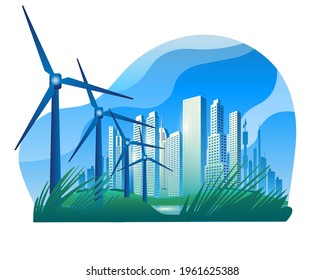 A modern city with wind power generators. Vector full-color illustration.