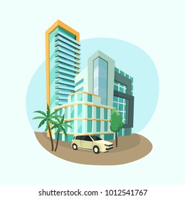 Modern cityscape architecture. Vector city composition with skyscraper, shopping center, office building , car and palms.