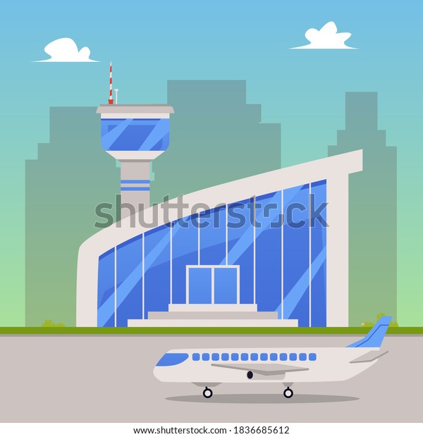 Modern cityscape background with\
airport terminal building, flat vector illustration. Architecture\
of airport buildings complex with landed passenger\
airplane.