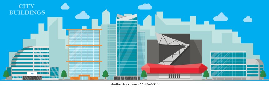 Modern cityscape background with hospital office hotel and residential buildings in flat style vector illustration