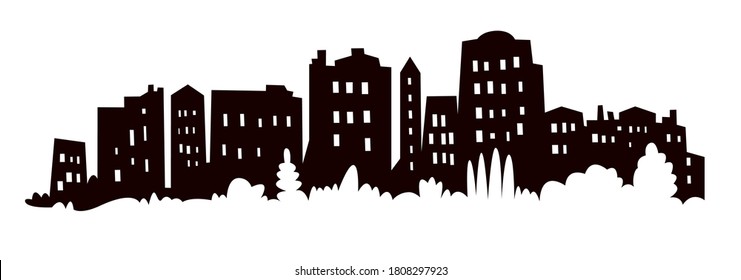 Diseño moderno de banner vectorial de silueta negra en el paisaje urbano. El paisaje panorámico de la arquitectura de la metrópolis. Rascacielos de Nueva York dibujan a mano silueta. Edificios de apartamentos aislados ilustración minimalista