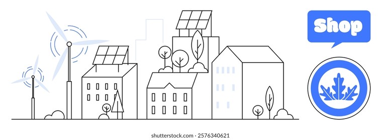 A modern cityscape with buildings featuring solar panels, wind turbines, and greenery. Icons on the side show shop and a leaf symbol. Ideal for urban planning, green technology, sustainability