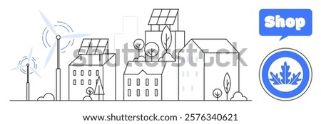 A modern cityscape with buildings featuring solar panels, wind turbines, and greenery. Icons on the side show shop and a leaf symbol. Ideal for urban planning, green technology, sustainability