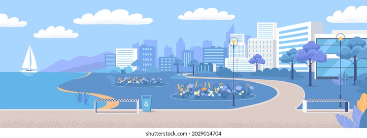 Modern cityscape with buildings, park zone and quay blue color vector illustration