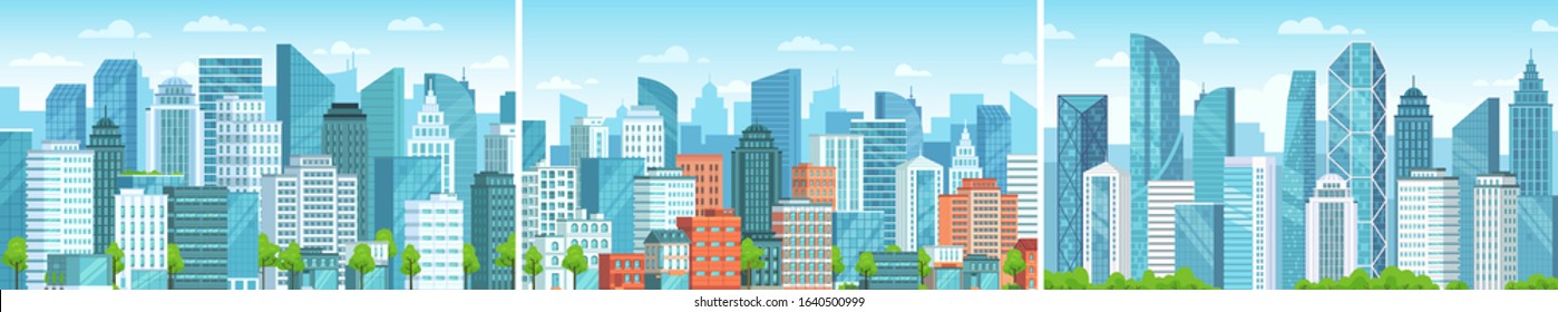 Modern cityscape. Business district skyscrapers, abstract urban panorama and city buildings vector set. Panoramic views of downtown. Architecture of megalopolis. Real estate in residential area.