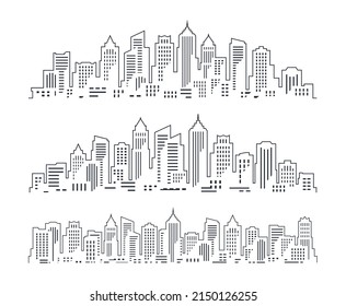 Modern cityscape. City buildings, skyscrapers outline drawing. Urban construction or real property concept vector