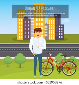 Modern cityscape and city life, streets and the exterior of the facade. Urban landscape. Cycling, active lifestyle. Vector illustration isolated in cartoon style.