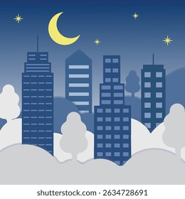modern cityscape at cloud sky idea vector illustration graphic design. building or architecture at night view with lunar moon and star for business or environment concept