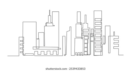 Paisaje urbano moderno Dibujo de línea continua de la casa, concepto de edificio residencial. Paisaje panorámico de la arquitectura de la metrópoli, rascacielos.  