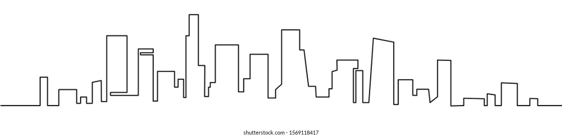 Modern cityscape continuous one line vector drawing. Metropolis architecture panoramic landscape. New York skyscrapers hand drawn silhouette. Apartment buildings isolated minimalistic illustration