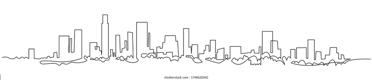 Modern cityscape continuous one line vector drawing  Metropolis architecture panoramic landscape  New York skyscrapers hand drawn silhouette  Apartment buildings isolated minimalistic illustration 