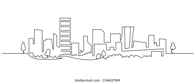 Modern cityscape continuous one line vector drawing  Metropolis architecture panoramic landscape  New York skyscrapers hand drawn silhouette  Apartment buildings isolated minimalistic illustration