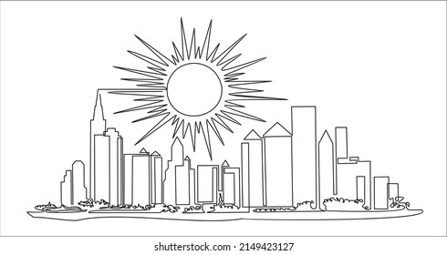 Modern cityscape continuous one line vector drawing. Panoramic landscape of metropolis architecture. Skyscrapers and sun, hand drawn silhouette.