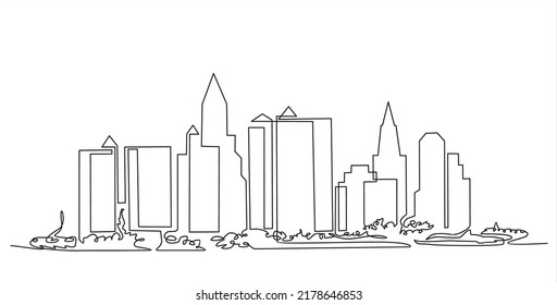 Modern cityscape continuous one line vector drawing. Panoramic landscape of metropolis architecture. Skyscrapers, hand drawn silhouette.
