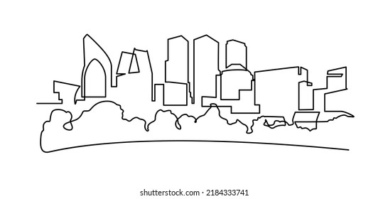 Modern cityscape continuous one line vector drawing. Metropolis architecture panoramic landscape. New York skyscrapers hand drawn silhouette. Apartment buildings isolated minimalistic illustration.