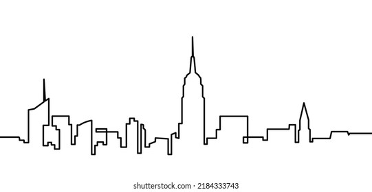 Moderno paisaje urbano continuo de un vector de línea. El paisaje panorámico de la arquitectura de la metrópolis. Rascacielos de Nueva York dibujan a mano silueta. Edificios de apartamentos aislados de ilustración minimalista.