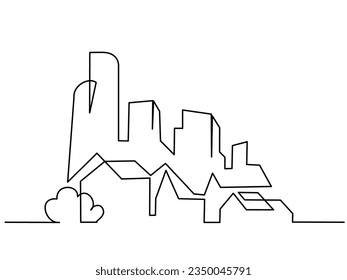 Modern cityscape. Continuous one line vector drawing. Metropolis architecture panoramic landscape. Skyscrapers hand drawn silhouette. Apartment buildings isolated minimalistic illustration