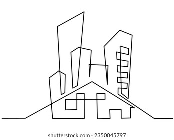 Modernes Stadtbild. Kontinuierliche Vektorzeichnung mit einer Linie. Metropole Architektur Panorama-Landschaft. Wolkenkratzer handgezeichnet Silhouette. Apartmentgebäude einzeln auf minimalistischem Hintergrund