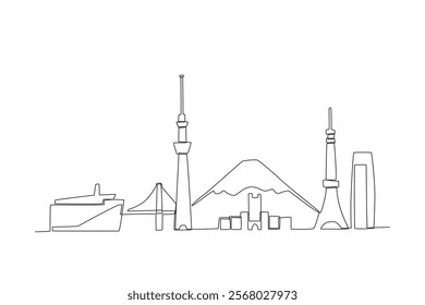 Modern cityscape continuous one line vector drawing. Tokyo
