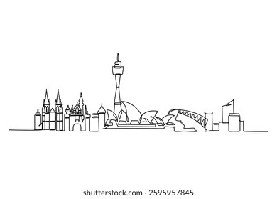 Modern cityscape continuous one line vector drawing.  Hand draw silhouette skyline one line art vector illustration .Black linear design isolated on white background. Vector illustration.