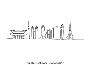 Modern cityscape continuous one line vector drawing.  Hand draw silhouette skyline one line art vector illustration .Black linear design isolated on white background. Vector illustration.