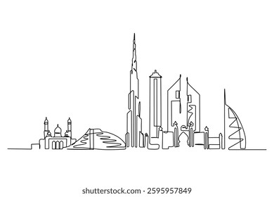 Modern cityscape continuous one line vector drawing.  Hand draw silhouette skyline one line art vector illustration .Black linear design isolated on white background. Vector illustration.