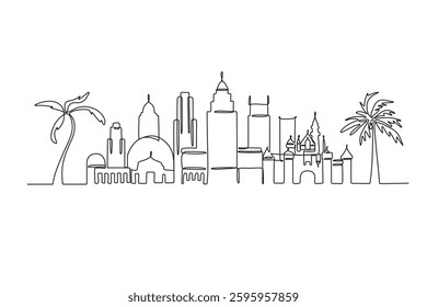 Modern cityscape continuous one line vector drawing.  Hand draw silhouette skyline one line art vector illustration .Black linear design isolated on white background. Vector illustration.
