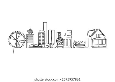 Modern cityscape continuous one line vector drawing.  Hand draw silhouette skyline one line art vector illustration .Black linear design isolated on white background. Vector illustration.
