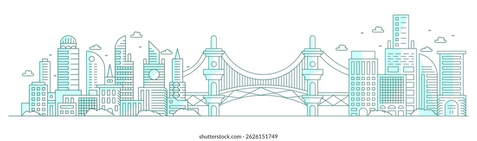 Modern cityscape continuous one line vector drawing. Metropolis architecture panoramic landscape. New York skyscrapers hand drawn silhouette. Apartment buildings isolated minimalistic illustration.