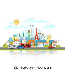 Modern Cityscape with different vehicle. Vector illustration. Travel concept