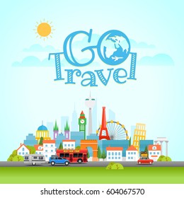 Modern Cityscape with different vehicle. Vector illustration. Go Travel concept