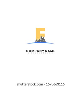 modern cityscape with E logotype simple design concept.