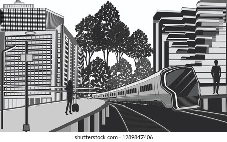 Modern Cityscape - electric train - passengers on the platform illustration - vector