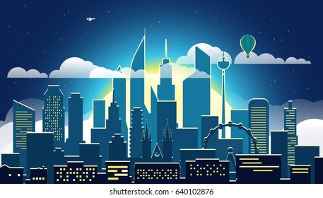 Paisagem urbana moderna na ilusão do vetor da noite. Cena da cidade grande