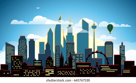 Paisaje urbano moderno en la ilustración vectorial nocturna. Gran ciudad de escena