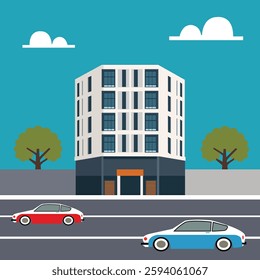 Modern Cityscape with Hexagonal Building, Large Windows, Vintage Cars on Highway, Green Trees, Blue Sky with Clouds, and Minimalist Aesthetic Design Flat Vector Illustration EPS 10