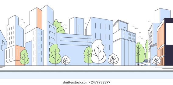 Modern cityscape with high-rise buildings trees and birds in a minimalist line art style. Urban skyline illustration with nature elements