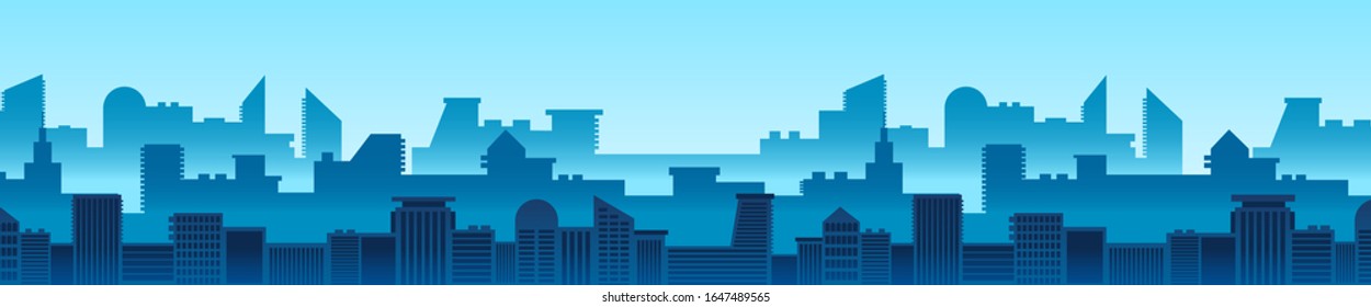 Modern cityscape horizontal background. Blue urban scenery with skyscrapers flat vector illustration