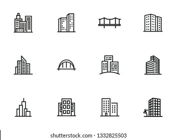 Modern cityscape line icon set. Building, house, skyscraper. Architectrure concept. Vector illustration can be used for topics like consctruction, design, building