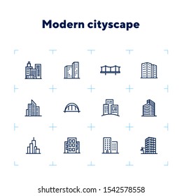 Modern cityscape line icon set. Building, house, skyscraper. Architectrure concept. Vector illustration can be used for topics like consctruction, design, building