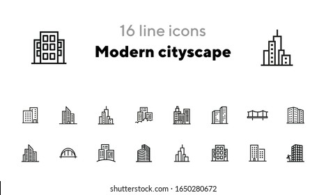 Modern cityscape line icon set. Building, house, skyscraper. Architectrure concept. Vector illustration can be used for topics like consctruction, design, building