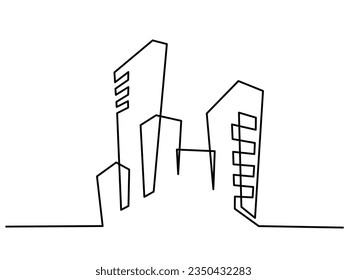 Modern cityscape logo. Continuous one line vector drawing. Metropolis architecture panoramic landscape. Skyscrapers hand drawn silhouette. Apartment buildings isolated minimalistic illustration