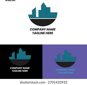 Modernes Cityscape Logo Design in a Circle. Ein abstraktes und minimalistisches Vektorlogo mit einer stilisierten urbanen Skyline oder einem Cluster von Gebäuden (was auf eine Fabrik, einen Firmensitz oder eine Stadt hindeutet)