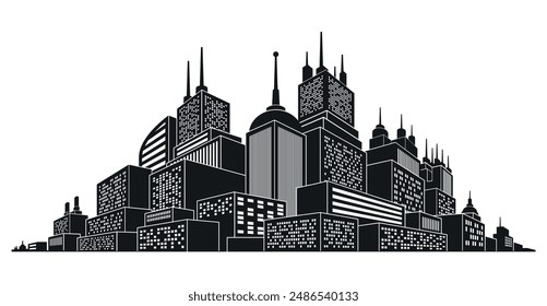 Modern cityscape megapolis downtown with skyscrapers black silhouette isometric vector illustration. City urban landscape business real estate apartment metropolis midtown tower building exterior