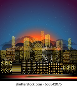 Modern cityscape in the morning vector illustration. City buildings perspective 