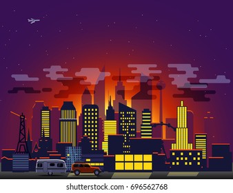 Modern cityscape with night illumination. Vector illustration