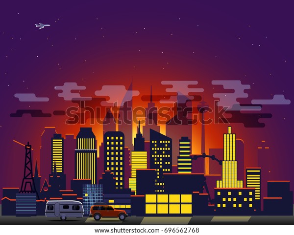 Modern cityscape with night illumination.\
Vector illustration