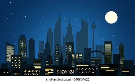 Modern cityscape in the night vector illustartion. Big city night scene